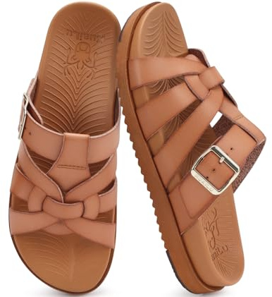 KuaiLu Gladiator Sandals for Women Comfortable Arch Support Summer Beach Vacation Pool Walking Flats Orthopedic Strappy Slides Boho Dress Outfits Fisherman Slip on Cushion Leather Shoes Khaki Size 10