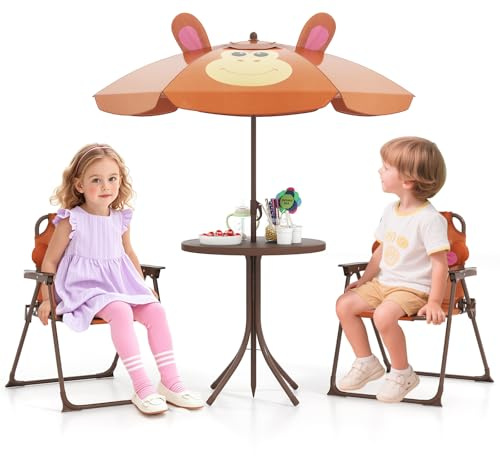 COSTWAY Juego de Mesa y Silla Infantil de Jardín con Sombrilla Ajustable, Juego de Picnic para Niños, Mesa de Actividad Exterior Infantil con 2 Sillas Plegables para Niños de 3-6 Años (Marrón)