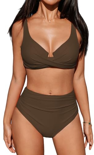 CUPSHE Bikini da donna, effetto avvolgente, con ferretto push up, mutande a vita alta, costume da bagno a 2 pezzi, moda mare, marrone cioccolato, L