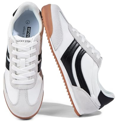 LUCKY STEP Women's Fashion Sneakers Thin Sole Lace up Tennis Shoes Lightweight Walking Running Gym Workout Classic Retro Footwear Anti Slip Trainers(White/Black,8 B(M) US)
