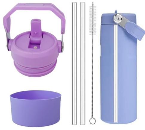 1pcs Tumbler Lid Replacement Fit for Stanley ceFlow Flip Straw 2.0 Water Bottle 24oz, Plus Protective Silicone Boot for Iceflow 24 OZ, with 2 Straw Replacement and 1 Cleaner Brush (Purple, 24oz)
