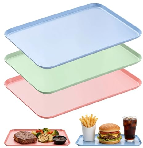 3Pcs Plastic Trays for Food Serving, Serving Tray 38 x 26.5 x 1.5cm Stack-able food tray, Small Trays for Tea or Coffee for serving Drinks, Snacks(Pink, Blue, Green)