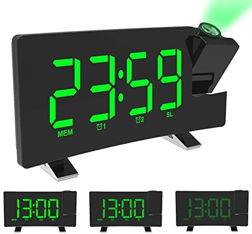ALLOMN Réveil à Projection, Réveil Numérique FM Radio FM à écran Incurvé / Projection de l'heure/Projecteur Ajustable/Snooze/Double Alarme/Port de chargeur USB/12/24 Heures/Variateur (Vert)
