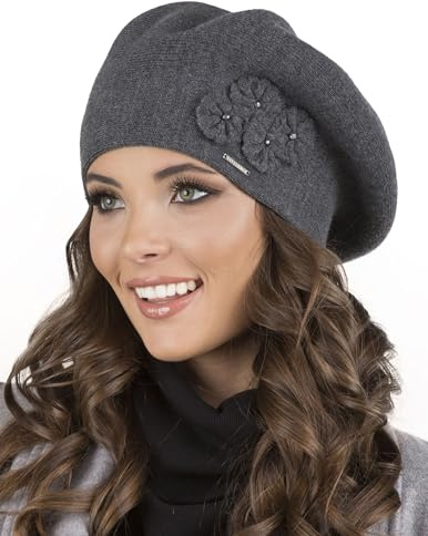 VIVISENCE Baskenmütze Damen Elegant Blume Warm Herbst Winter Accessoire 7006, Dunkelgrau,Einheitsgröße