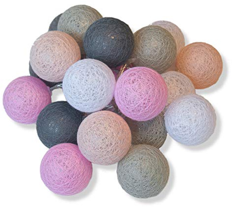 Qbis 20 Cotton Ball Fairy Lights, with Optional Timer - USB or Battery Operated LED String Lights for Bedroom Decor (Pink, White, Peach, Grey)
