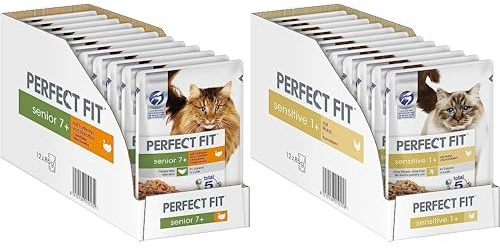 Sensitive 1+ – Nassfutter für Erwachsene, Sensible Katzen ab 1 Jahr – Huhn – 12 x 85 g Senior 7+ – Nassfutter für Katzen ab 7 Jahren – Truthahn und Karotten – 12 x 85 g