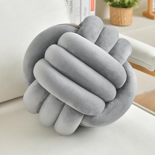 LUSJNGE Cojín decorativo con nudo para el hogar, silla, sofá, estético, redondo, de terciopelo, con nudos, color gris, 8.7 pulgadas