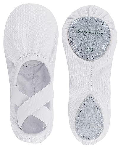 tanzmuster ® Ballettschuhe Mädchen Ballettschläppchen - Leon - 100% Baumwolle, elastischer Saum, Geteilte Ledersohle, weiß, Größe 28