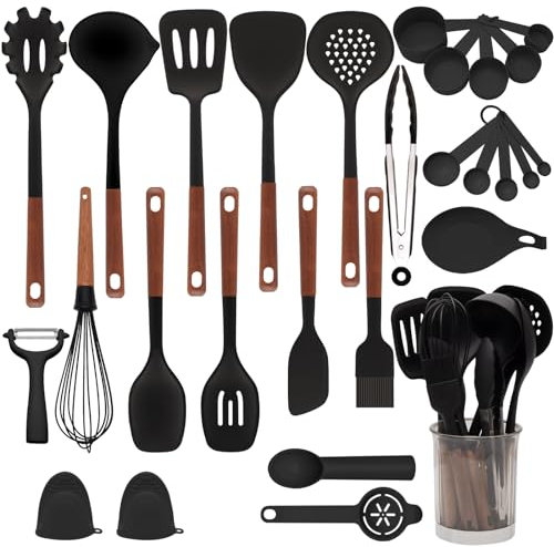 Küchenhelfer Set Silikon, 28-teiliges Silikon Küchenhelfer Kochbesteck Set, Hitzebeständiger Küchenhelfer Set mit Utensilienhalter, Gesund & Antihaft Küchenutensilien Set (Schwarz)