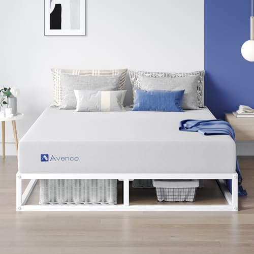 Avenco Bettgestell 180x200 cm, Höhe 25 cm mit Unterbettstauraum, Metall-bettrahmen mit Holzlattenrost, Weiß