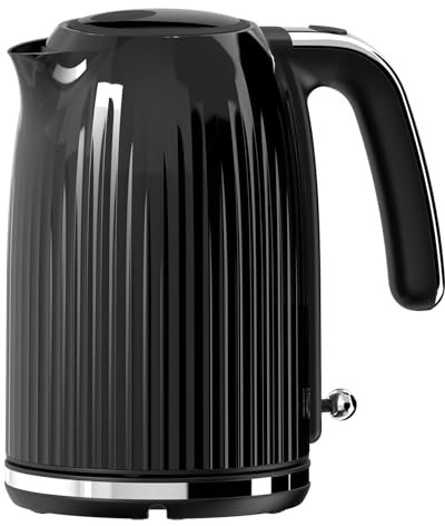 LONGDEEM Bollitore elettrico con filtro in acciaio inox, non BPA, 1,7 litri, bollitore con LED blu, protezione per cottura a secco, 2200 Watt, riscaldamento rapido, nero