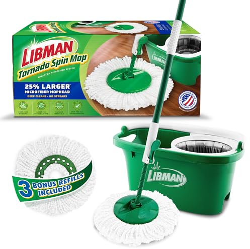 Libman Tornado Spin Moppsystem med 3 påfyllningshuvuden, mikrofiber snurrande mopp och hink med vridare set för hem, golvrengöring av hårt trä, laminat, kakel, alla ytrengörare, 4 totala mopphuvuden
