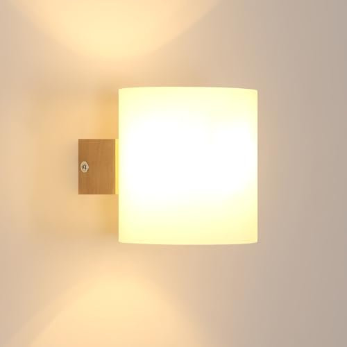 Mckalen Applique da Parete Interno Legno, E27 Lampada da Parete Vintage con Paralume in Vetro, E27 Lampada a Muro per Soggiorno, Camera da Letto, Cucina, Sala da Pranzo, Corridoio(Senza Lampadina)