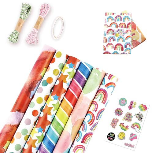 Juego de papel de regalo, 6 unidades, papel de regalo de cumpleaños, natural, multicolor, papel de cumpleaños con cinta adhesiva, cuerda de cáñamo, pegatinas para envolver regalos, papel de regalo de
