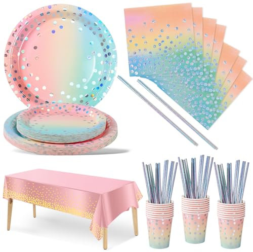 Nkaiso Vajilla de Fiesta,126 Piezas Arco iris y plata Puntos Dorados,Set de Juego de Platos y Cubiertos, cubertería de cartón, Vasos y servilletas,para cumpleaños,Aniversarios -25 Invitados