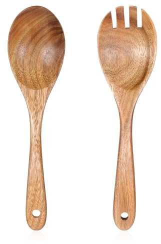 Set di posate da insalata con manico lungo e forchetta in legno di acacia, 25 cm, pinze da insalata, forchette e cucchiai in legno per mescolare e cucinare (1 cucchiaio + 1 forchetta)