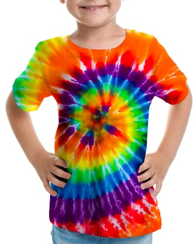 Pagaduan Kids Rainbow Neon Tie Dye Shirt for Boys Girls Size 5 Kids Short Sleeve T Shirts for Size 4-5T Hippies Senior Tye-Dye Tees Clothes XS