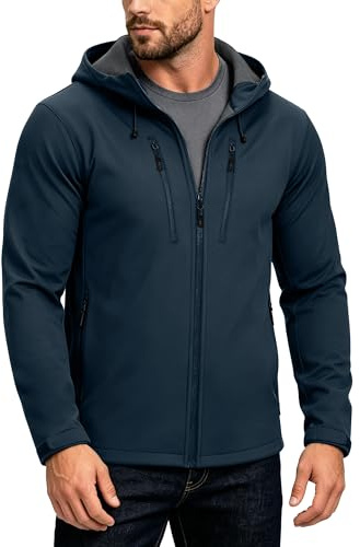33,000ft Men's Waterproof Softshell Jackets Lightweight Fleece-Lined Running Jacket Breathable Windbreaker Casual Functional Coat with Hood for Cycling, Hiking,Golf Midnight Blue XL