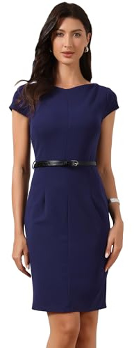Allegra K Robe Femme Fourreau Élégante à Col Rond et à Manches Courtes Robe Midi avec Ceinture pour Business