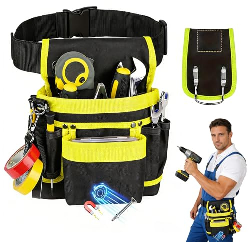 Cintura porta attrezzi Borsa da Cintura Con 26 tasche, Borse Porta Attrezzi Magnetiche per Uomo, Borse da Cintura Rimovibili Borsa Porta Attrezzi (Cintura porta attrezzi con 14 tasche gialla)