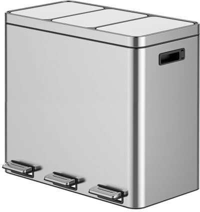 PrecisionAuto Brushed Stainless Steel Recycling Trash Can - 16 Gallon Separate Compartment with Soft-Close Lids, Kitchen Waste Sorting Center