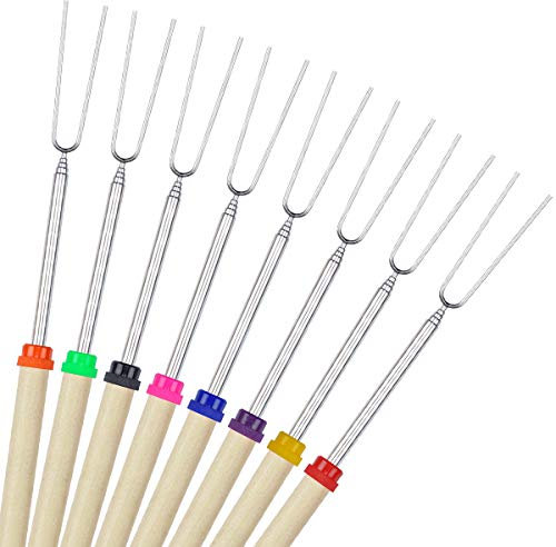COVVY Lot de 8 bâtons à rôtir télescopiques pour barbecue à guimauve et fourchette à hot-dog 81,3 cm, accessoires pour feu de camp, 8 pièces (avec brochettes en bambou)