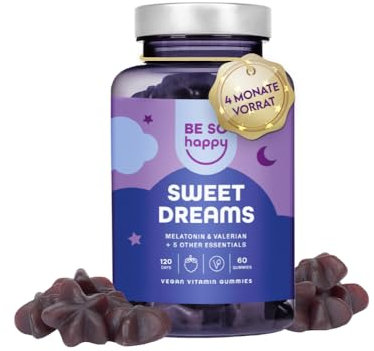 Melatonin Gummies 0,5mg für den Schlaf, 120 Tage. Extra Leckere mit Baldrian + Passionsblume + Kamille + Lavendel + Vitamin B6, Blaubeergeschmack, 60 leckere Gummibärchen, Vegan. BeSoHappy