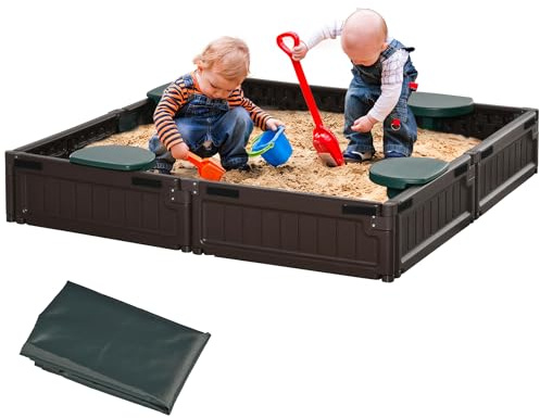 Outsunny Kids Outdoor Sandbox with Cover Garden Bed Sand Pit, Easy Assembly Children's Square Sandbox for Backyard, Brown, 48.5 x 48.5 x 8.25