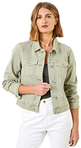 Roman Originals Jean Denim Jacket for Women UK Ladies 100% Cotton Summer Casual Stretch Crop Smart Utility Trucker Biker Fitted Vintage Wash Faded Classic Work Twill