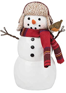 GALLERIE II Cute Snowman w/Red Plaid Scarf & Chickadee Bird Small Winter Decorative Figurine Figure Christmas Xmas Winter Holidays Indoor Home Living ROM End Table Fireplace Mantle Decor Decoration