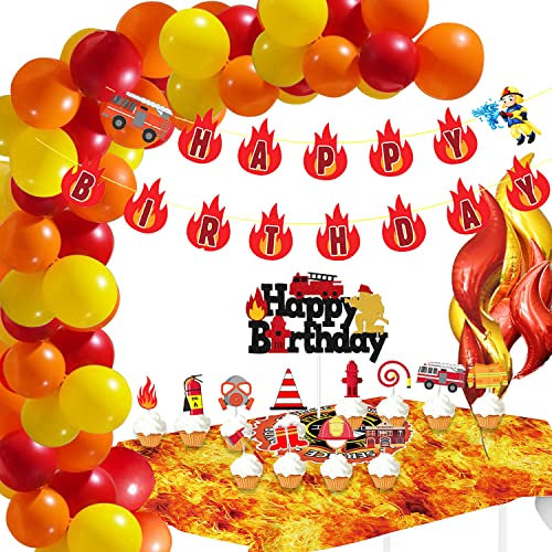 Feuerwehr Geburtstag Deko Geburtstagsdeko Feuerwehr Tischdecke Flamme Feuerwehrauto Folienballon Feuerwehrmann Tortendeko HAPPY BIRTHDAY Girlande Luftballons für Kindergeburtstag Jungen
