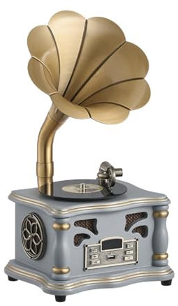Retro Bluetooth Audio Gramophone Wooden Big Horn Bluetooth Speaker Imitation Record Player,Grey