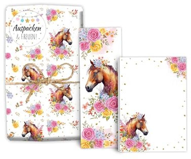 Mitgebsel-Set 12 Geschenkpapierbögen + 12 Lesezeichen + 12 Mini-Notizblöcken + 12 Aufkleber Pferd Gastgeschenke für Kindergeburtstag Mädchengeburtstag Mädchen Giveaways