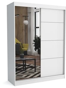 Brent - Kleiderschrank mit Spiegel Tom, 160cm Breit, Schlafzimmerschrank mit 1 Kleiderstange und Einlegeböden für Kleidung, Kleiderschrank Weiß