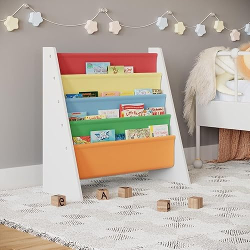 URBNLIVING Kids Children MDF & Fabric Bookshelf with Sling Open Storage - 4-Tier Organizer Shelves for Study, Bedroom, Living Room (Multicoloured)