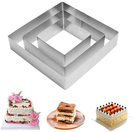 Anello per Torte, Set di 3 Coppapasta Quadrato Acciaio Inox Stampi per Torte, Stampo Torta Quadrato Ø 10/15/20, Tagliapasta Anello per Pasticceria Dessert