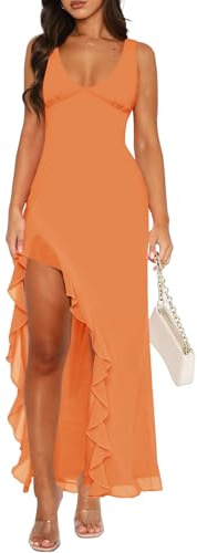 MIYIEONZ Women Sexy V Neck Sleeveless Mesh Ruffle Hem Bodycon Maxi Dress Casual Y2K Backless High Slit Cocktail Party Club Dress Orange