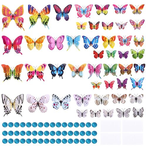 48-Pack Magnetic 3D Plastic Butterflies with 48 Adhesive Metal Discs for Wall, Craft, and Party Decorations – Easy Installation and Removable