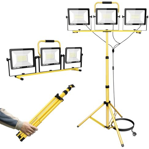 YOJZMA Luces LED para obras de construcción de 300W con trípode, 30000LM, 175V-265V, IP66, luz de trabajo LED para interiores y exteriores con cable de 5m para talleres, garajes y sótanos