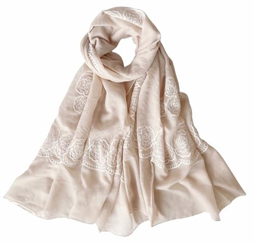 MINIDORA Soft Lightweight Scarves for Women Floral Embroidered Shawls for Holiday Summer Travel Wraps Extra Large Style 1-Beige