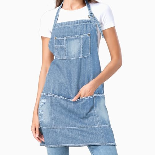 FYTXSZ Chef Apron for Women and Men with Pockets – Adjustable Denim Kitchen Aprons for Cooking, Baking, BBQ， Gardening, Barber, Art Work or Cafe Use – Durable Bib Apron