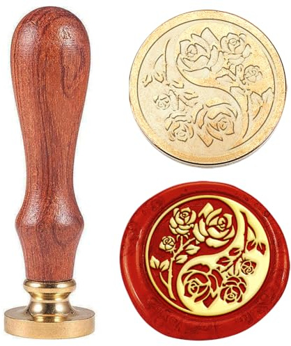Hobbspring Tampon à cachet en cire de rose - Enveloppes interchangeables - Tampon à sceau DIY - Style rétro - Fleur vintage - Plante - Tête en laiton - Manche en bois - Pour cadeau de Saint-Valentin