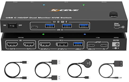 4K@60Hz USB C HDMI DP KVM Switch 2 PC 2 monitores para 1 PC y 1 ordenador portátil Uso común de 2 monitores y 4 puertos USB 3.0, PD 60W para ordenadores portátiles, conmutador KVM doble
