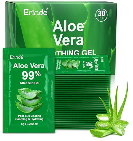 Erinde Aloe Vera Gel 99%, Pack de 30 Sobres, Gel Calmante para Quemaduras de Sol, Hidratación para Piel y Cabello, Ideal para Uso Diario y Cuidado Post-Solar