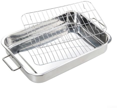 Qualoramall Bandeja de acero inoxidable para asar profundamente con bandeja para horno y parrilla para hornear, para carne, aves de corral, verduras asadas (42 x 32 x 6,5 cm)