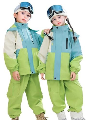 Traje de esquí para niños, chaqueta y pantalones de forro polar con bolsillo, invierno, snowboard, invierno, cálido, conjunto unisex de tres piezas (verde, 9-10 años)