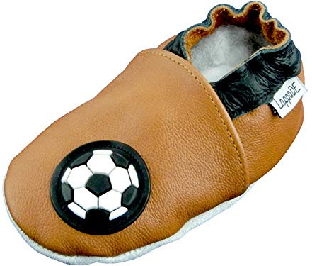 Lappade Fußball braun Jungen Fußballpuschen Lederpuschen Hausschuhe Krabbelschuhe Baby Lauflernschuhe mit Ledersohle (Art. 45 Gr. 25/26 EU)