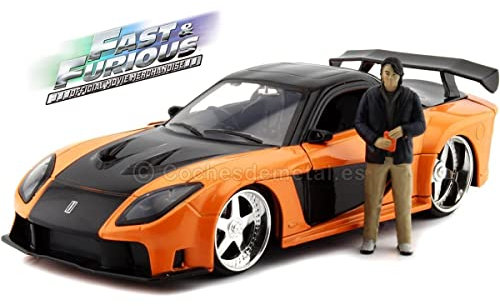 Jada Vehiculo Mazda RX7 Metalico, Fundida a Presión, De la Saga Fast and Furious (Licencia Oficial), Coche de Juguete y Figura, Partes móviles, Escala 1:24, Color Negro/Naranja
