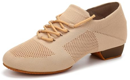 YKXLM Women Standard Practice Social Dance Sneaker Beginner Dance Practice Shoes for Women Low Heel Ballroom,Beige,1 Heel,8.5 US