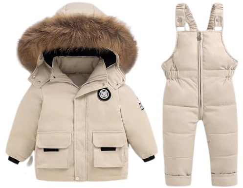 BRONG Toddler Snow Suit Winter Baby Two Piece Puffer Down Jacket Coat with Snow Bib Pants Boys Girls Ski Suit Clothing White 18-24 Months